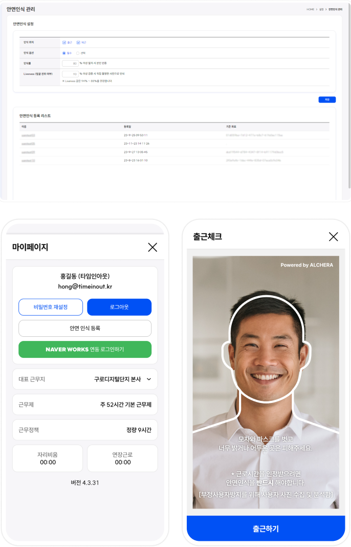 타임인아웃 내 출장, 외근, 휴가, 연장근로, 근로일정 데이터 네이버웍스 연동